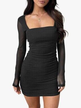 OTEN | mesh+ruched square neck mini dress